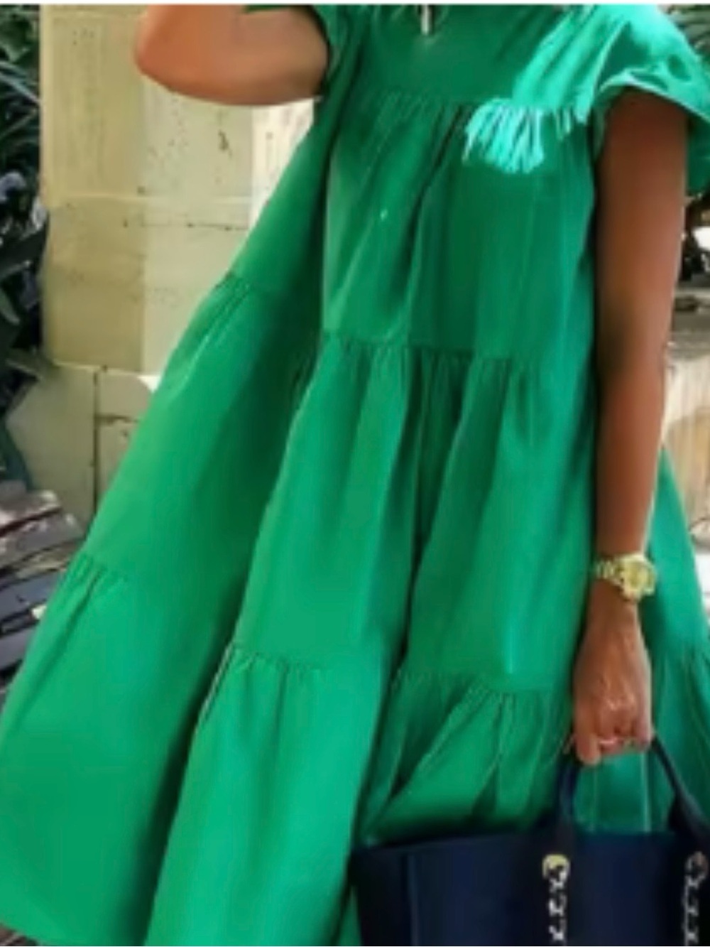 Boutique Green Tiered Ruffle Sleeve Dress